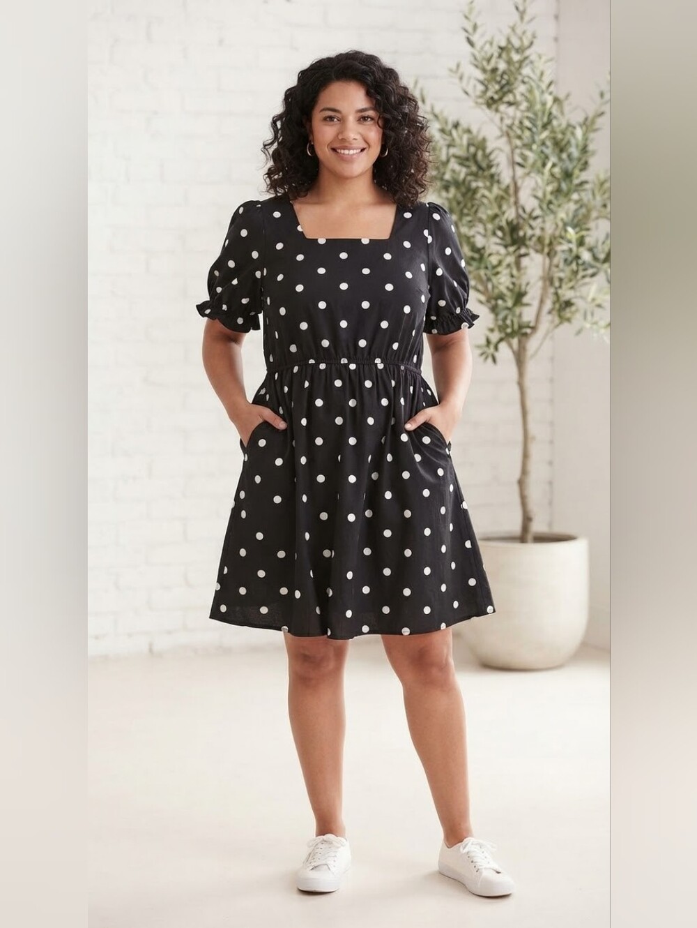 Gabby Isabella Black & White Polka Dot Puff Sleeve Dress with Pockets — Size L